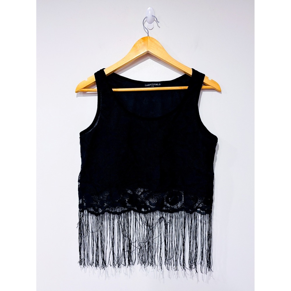CANDY COUTURE Black lace fringe cami | Sheer festival | Large